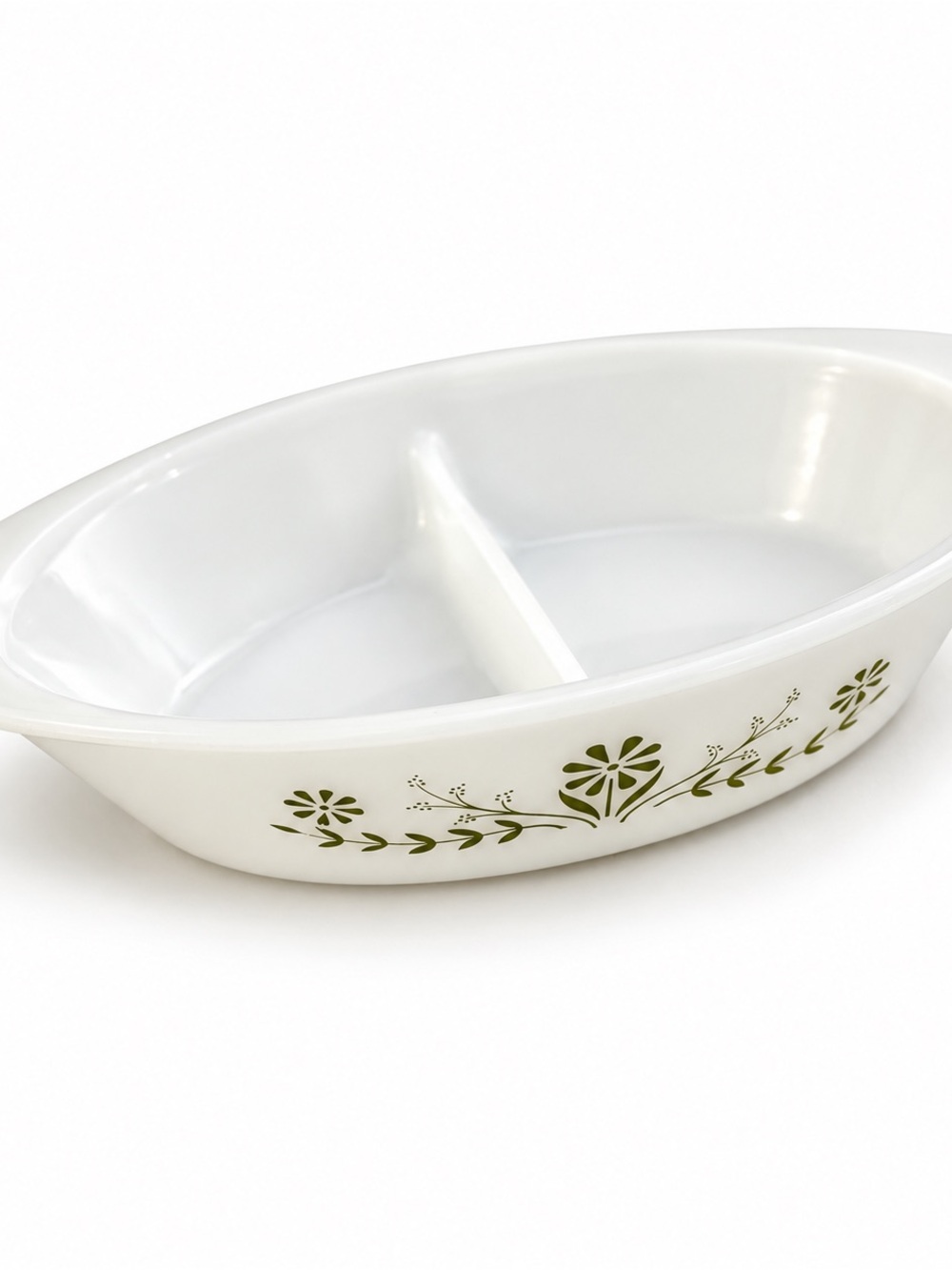 Pyrex White Divided Oval Casserole with Green Floral Border